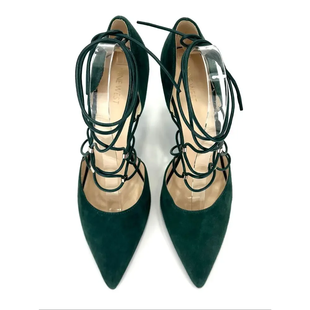 Nine West Jarraho D'Orsay Stiletto Pump Sz 10 Green Suede Adjustable Ankle-Wrap